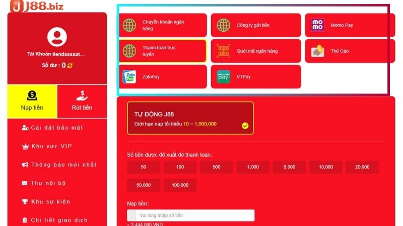 Các hình thức nạp tiền có mặt tại nhà cái J88