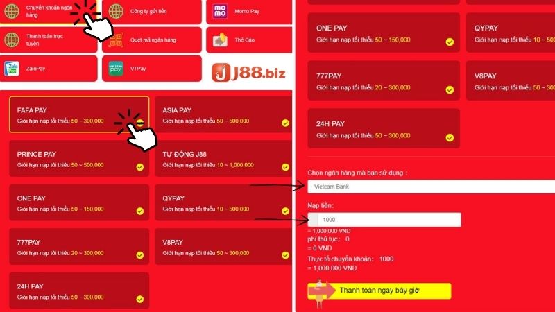Chọn hình thức gửi tiền J88 và điền đầy đủ thông tin